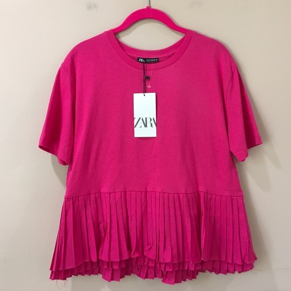 NWT Zara Top Tee Shirt Pleated short sleeve basic pink Fuchsia size small - Picture 1 of 6
